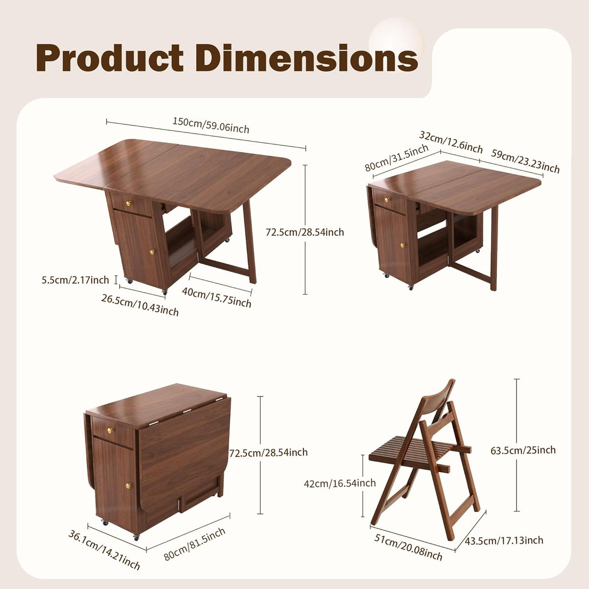 Small Drop Leaf Table - Folding Dining Table Set for 6 with 6 Foldable Chairs Inside, Fully Assembled Solid Wood Space-Saving Kitchen Table and Chairs Set with Storage & Lockable Wheels, Walnut, 59"