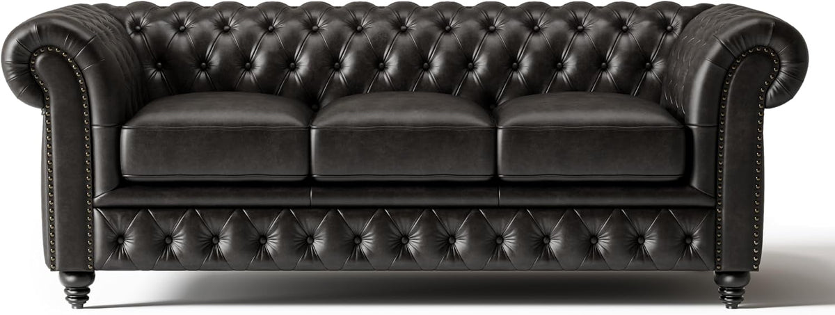 Valencia Parma Chesterfield 3 Seater Sofa 82" | Premium Leather | Mid-Century Leather Couch with Classic Button Tufted Back, Wood Legs for Living Room, Black