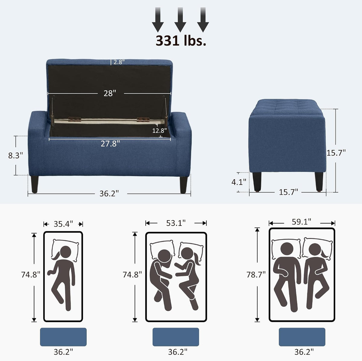 HOMCOM 36" Ottoman with Storage, Lift Top Rubberwood Legs 330 lb Dark Blue | Storage Ottoman Bench, Linen Upholstered Entryway Seat, Living Room, Bedroom