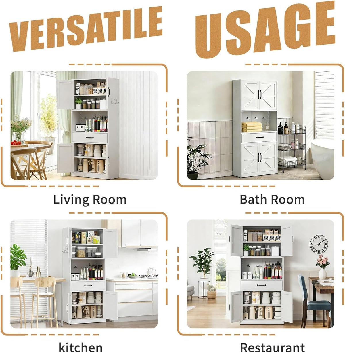 White Steel Kitchen Pantry Storage Cabinet with Large Countertop, Adjustable Shelves, Drawers & Hooks, Heavy-Duty White Cabinet for Kitchen Living Room Bathroom, 30.3x15.7x70.9 Inches