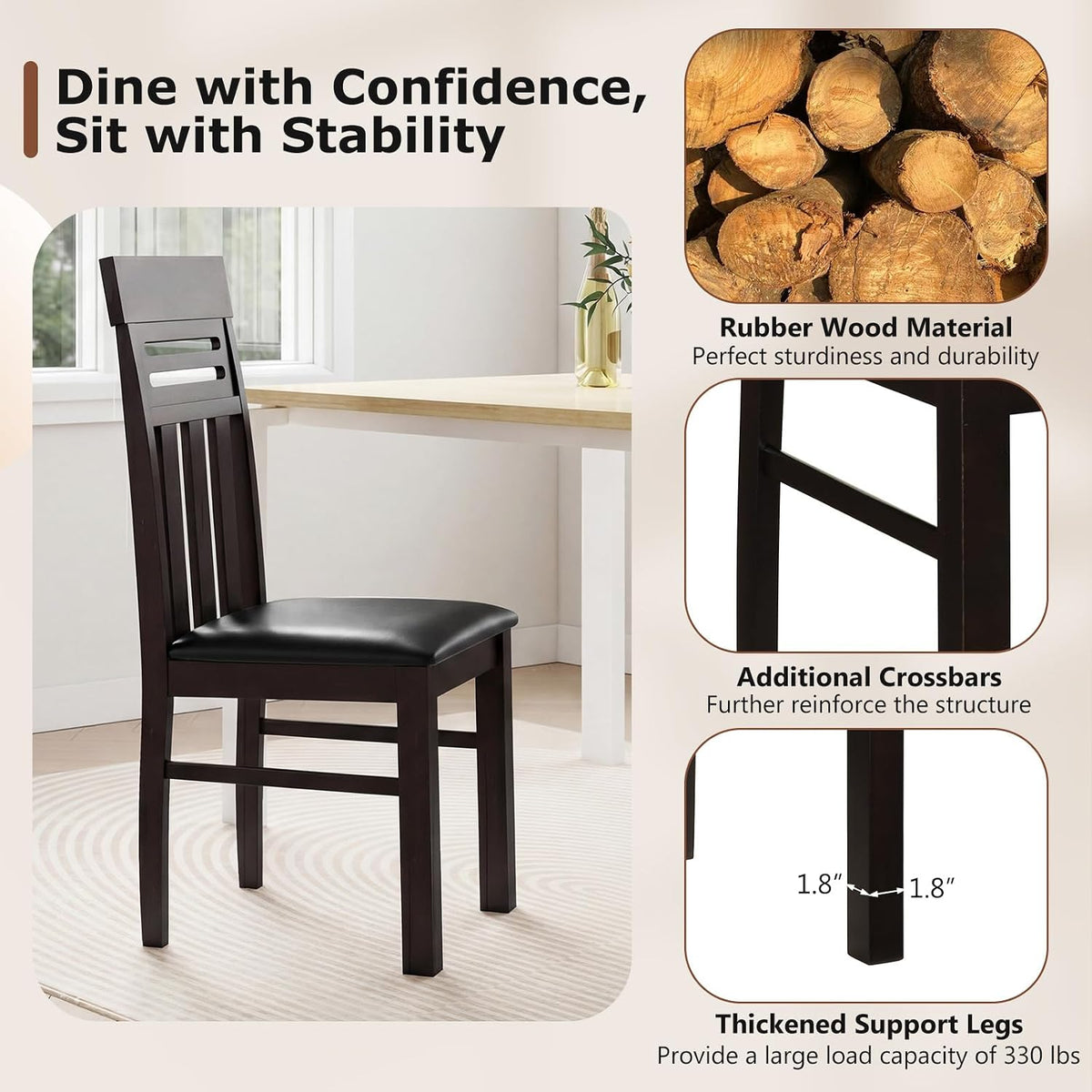 Giantex Wooden Dining Chairs Set of 4, High Back Dining Room Chairs with Padded Seat & Rubber Wood Frame, PU Leather Farmhouse Side Chairs for Kitchen Living Room