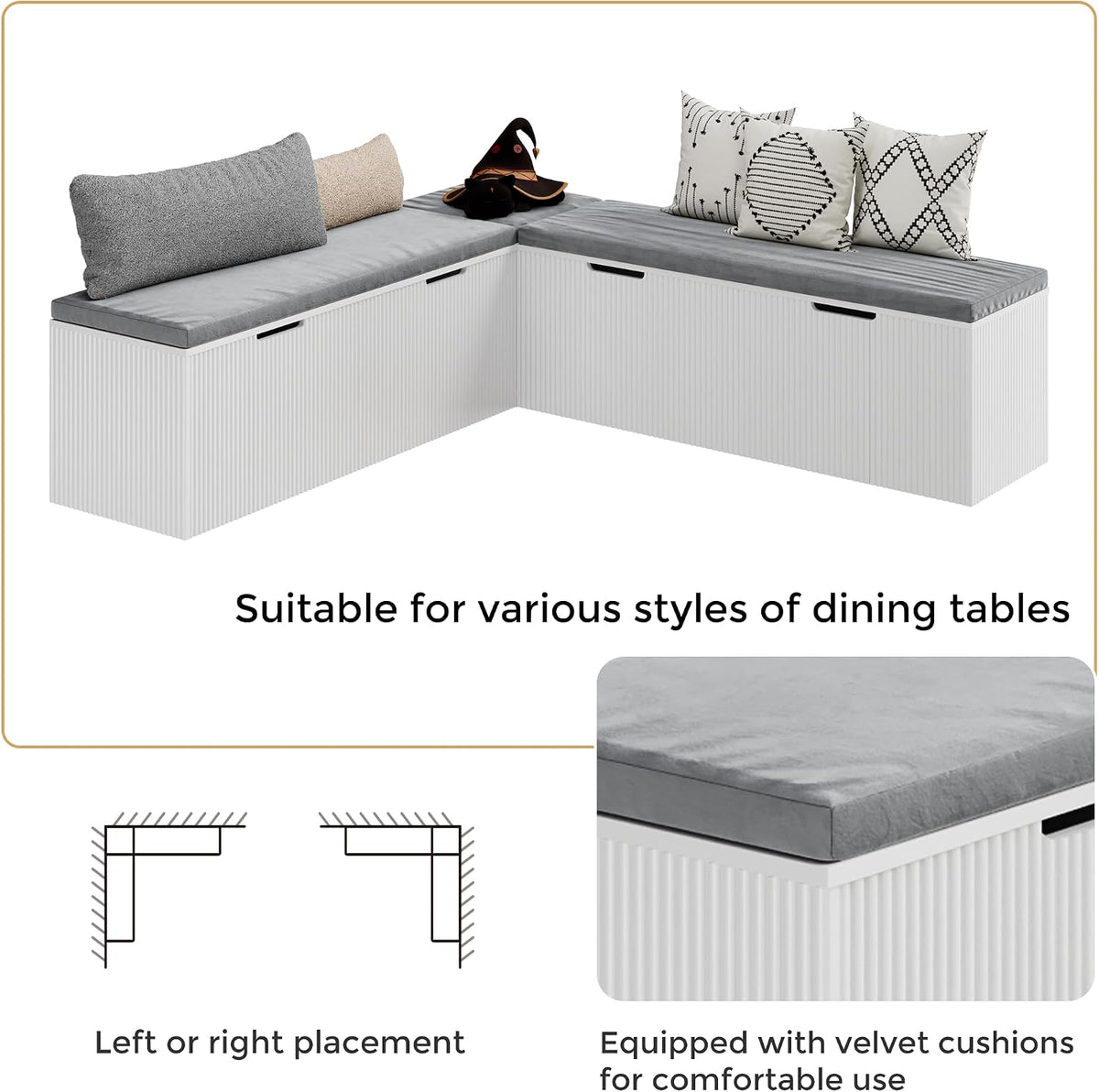 Mekminop Kitchen Breakfast Nook Bench, Backless Wood Corner Bench with Cushion Seat, L Shape Dining Bench with Hidden Storage Space, White