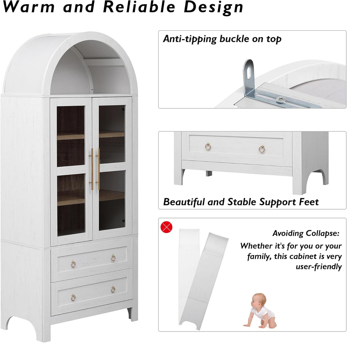 Merax 71'' Tall Arched Kitchen Pantry Cabinet, Farmhouse Kitchen Storage Cabinets with 2 Large Drawers and Adjustable Shelves, Versatile Cupboard for Kitchen, Dining Room, Bathroom,White