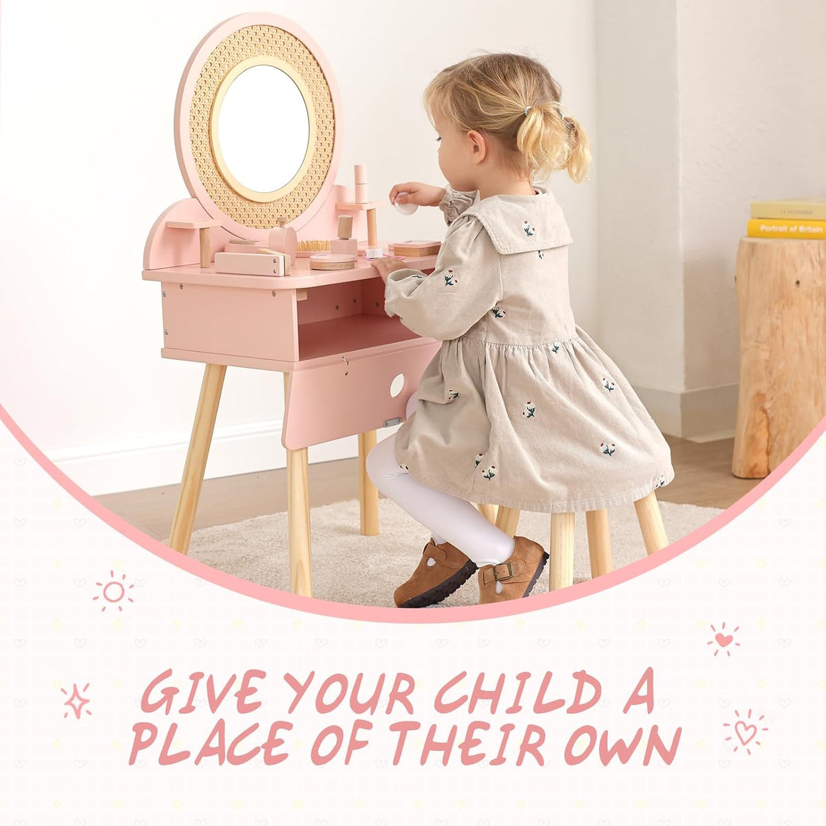 OOOK Toddler Vanity Set with 11pcs Accessories, Kids Vanity Table Chair Set | FSC Safety, Pink Pretend Makeup Toy with Straw Weaving Decor, Suitable for Girls Aged 3+