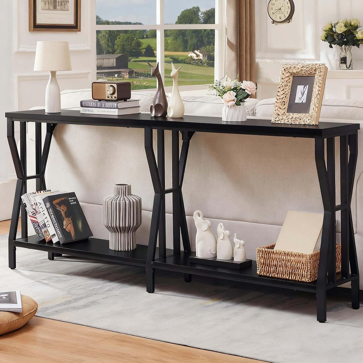 HOMISSUE Sofa Console Table, 70.9" Extra Long Sofa Table with 2-Tier Storage, Industrial Narrow Console Tables Behind Couch, Hallway Table for Entryway, Living Room, Black