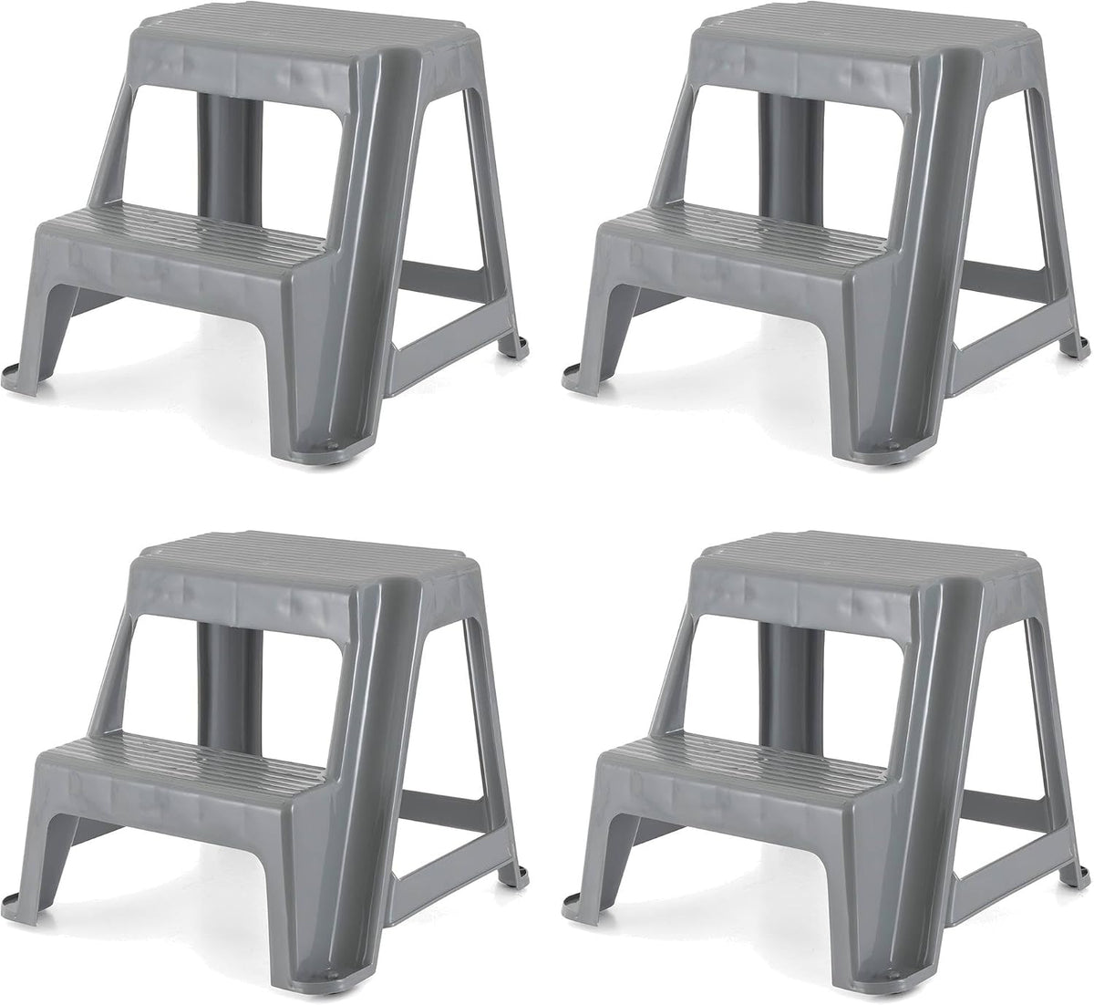 Gracious Living 16-Inch Tall Plastic 2-Step Stool, Gray, 4 Pack | Portable Dual Step Ladder Foot Stool for Kitchen, Bathroom, Bedroom & Garage