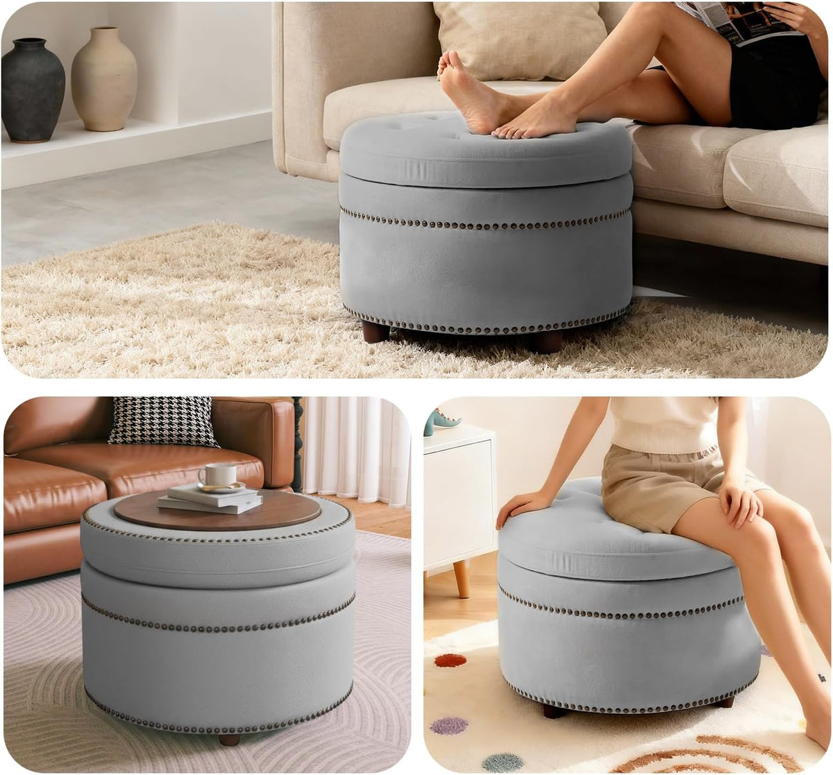 24'' Dual-Surface Lid Round Ottoman – Accent Ottoman with Storage Comfortable Padding,Space-Saving Coffee Table for Living Room & Bedroom-Gray