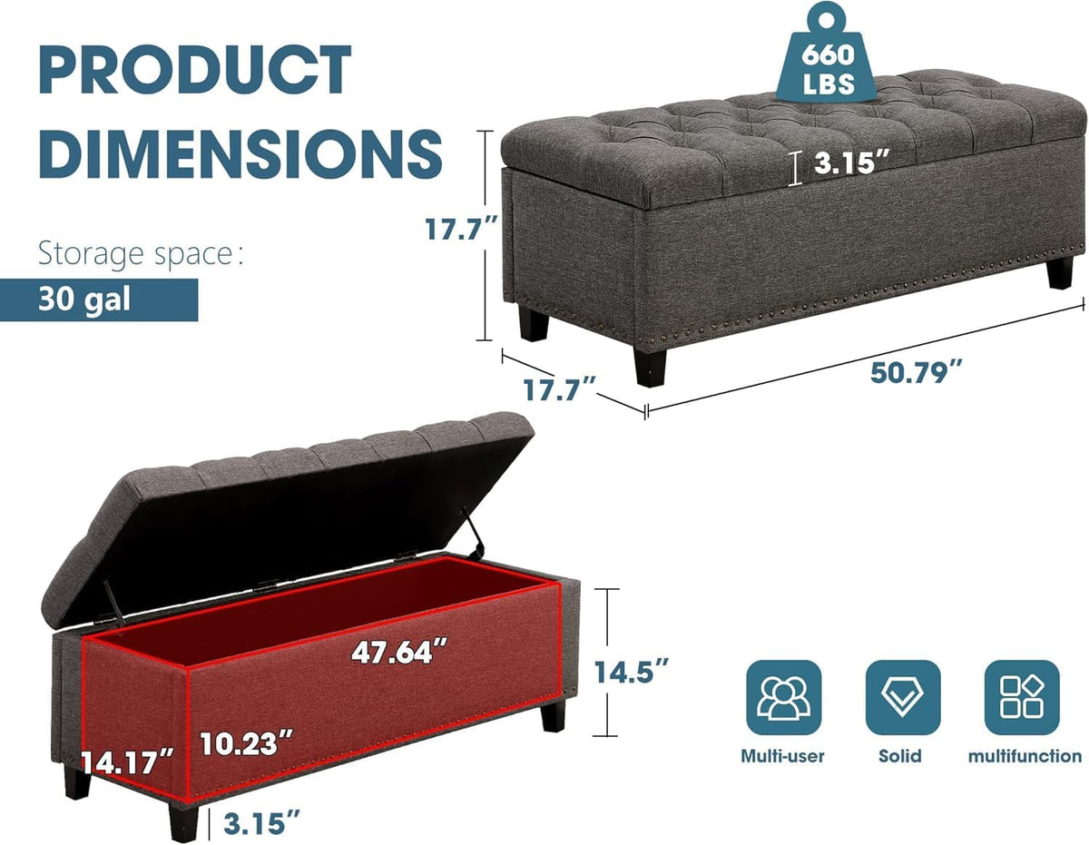 Ottoman with Storage, 51" Storage Bench Ottoman for Bedroom, End of Bed Benchs with Button-Tufted, Upholstered Rectangle Long Foot Rest Benchs for Entryway Living Room (Gray)