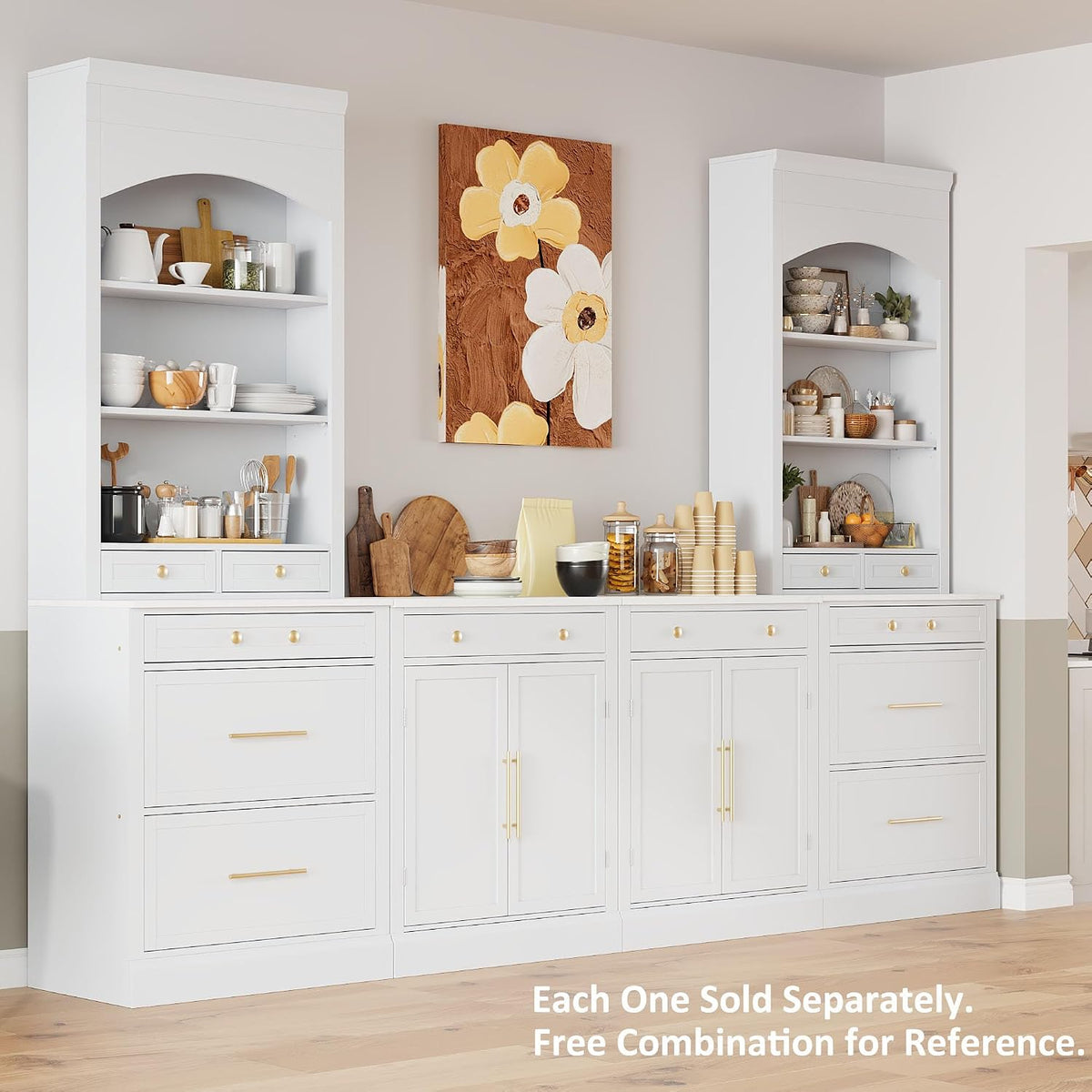 Mirightone 83.7Inch Tall Kitchen Pantry Cabinet, Corner Cabinet with 5 Storage Drawers and Adjustable Shelf, Freestanding Kitchen Pantry with Faux Marble Top, Set of 2, White