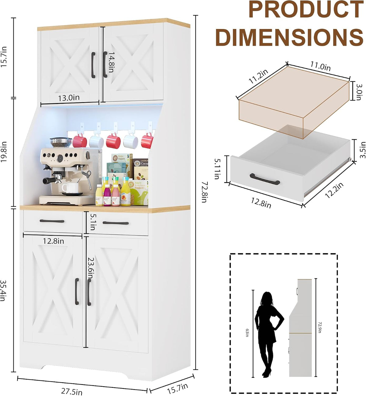 DreamDashio 73" Tall Pantry Cabinet with Charging Station & LED Light, Kitchen Pantry Storage Cabinet with Microwave Stand, Farmhouse Kitchen Hutch with 2 Storage Drawers and 6 Hooks for Dining Room