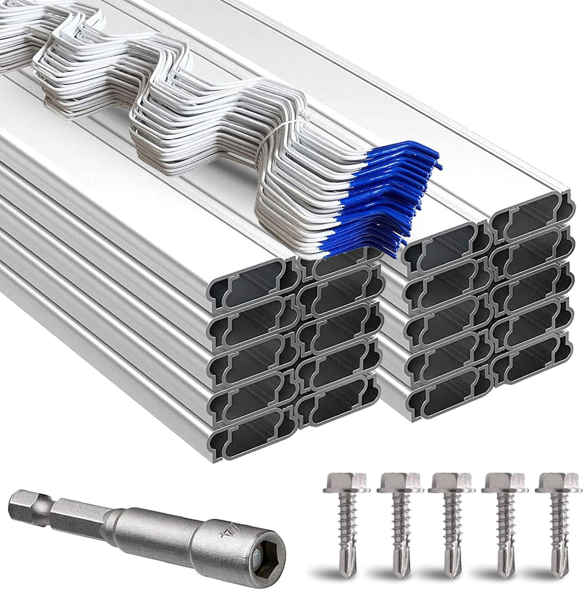 Greenhouse Spring Wire & Lock Channel 6.6 ft - PVC Coated Spring Wire & Aluminum U-Channel Bundle, Farmer Greenhouse Poly Film or Shade Cloth Attachment, 100 Mounting Screws Included [20 Pack]
