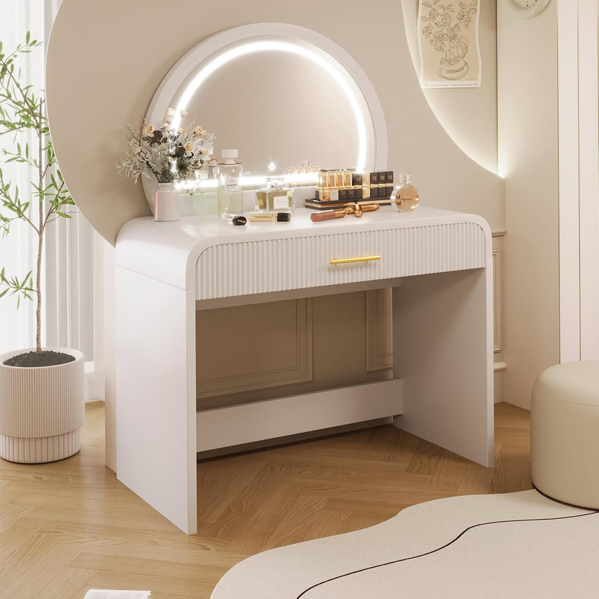 39" Vanity with Round Lighted Mirror & Touch Screen, Led Smart Mirror with 3 Color Lighting, Vintage Makeup Vanity with Drawer & Removable Top Dual-Purpose Desk for Bedroom, White