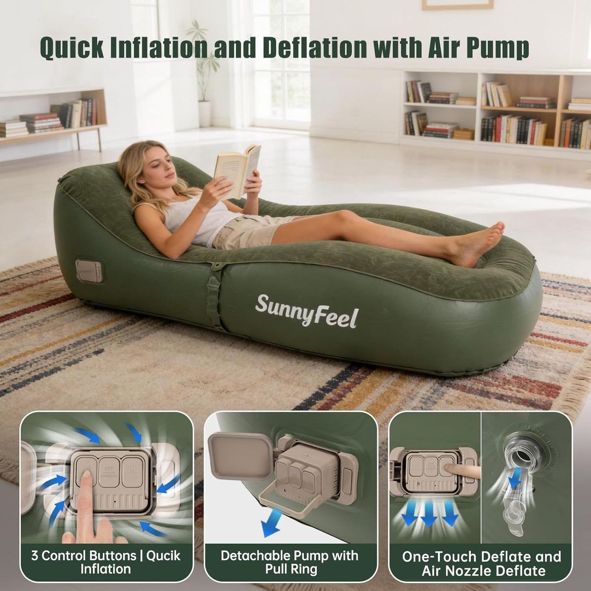 SUNNYFEEL Inflatable Lounger Couch with Built-in Pump, Heavy Duty PVC Flocked Inflatable Sofa Chair for Adults, Portable Air Lounger for Camping, Beach, Home & Outdoor, Army Green