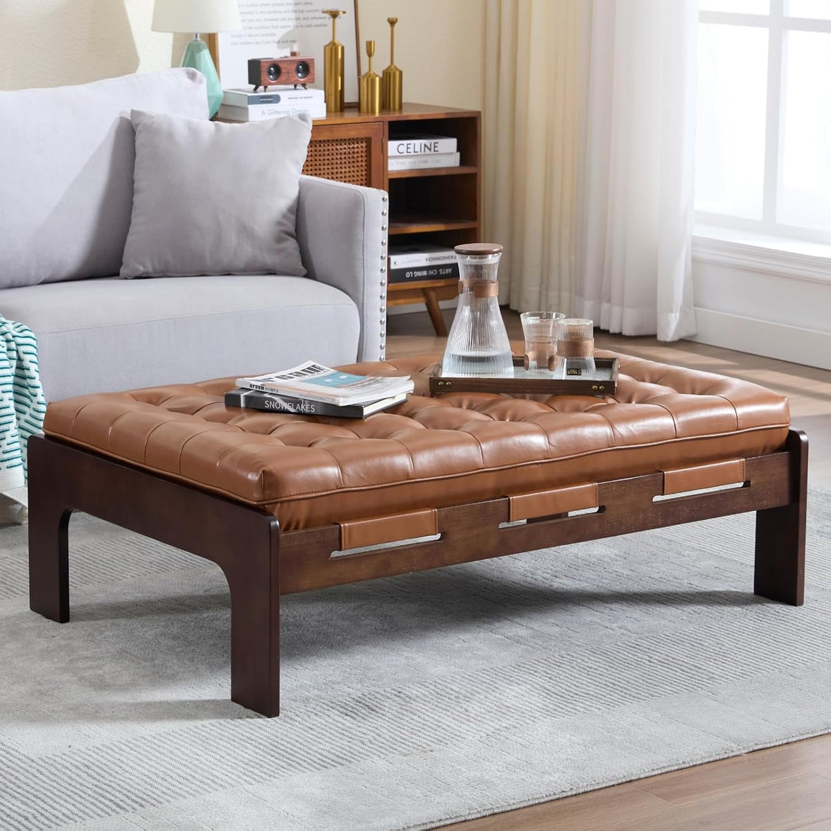 chairus 47.75" Large Rectangle Ottoman Coffee Table, Tufted Faux Leather Upholstered Living Room Coffee Table with Solid Wood Frame, Oversized Mid-Century Modern Footrest Ottoman, Brown PU