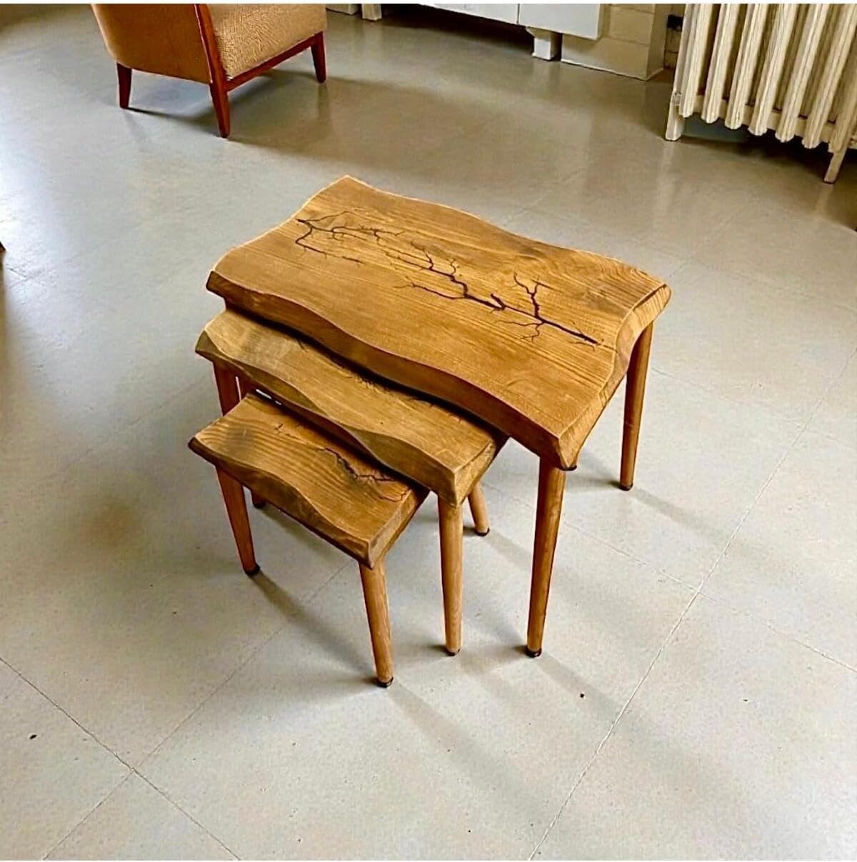 SODEF Handmade Walnut Wood Side Table Set, 3-Piece Nesting Tables, Wood Grain, Retro Style, Largest Table 24.4 x 13.4 x 21.7 inches, Unique Irregular Design - Brown