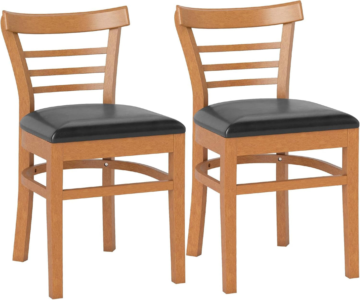 KOTEK Wooden Dining Chairs Set of 2, Solid Rubber Wood Kitchen Chairs with PU Leather Cushioned Seat and Curved Backrest, Armless Side Chairs for Dining Room, Living Room (Brown & Black)