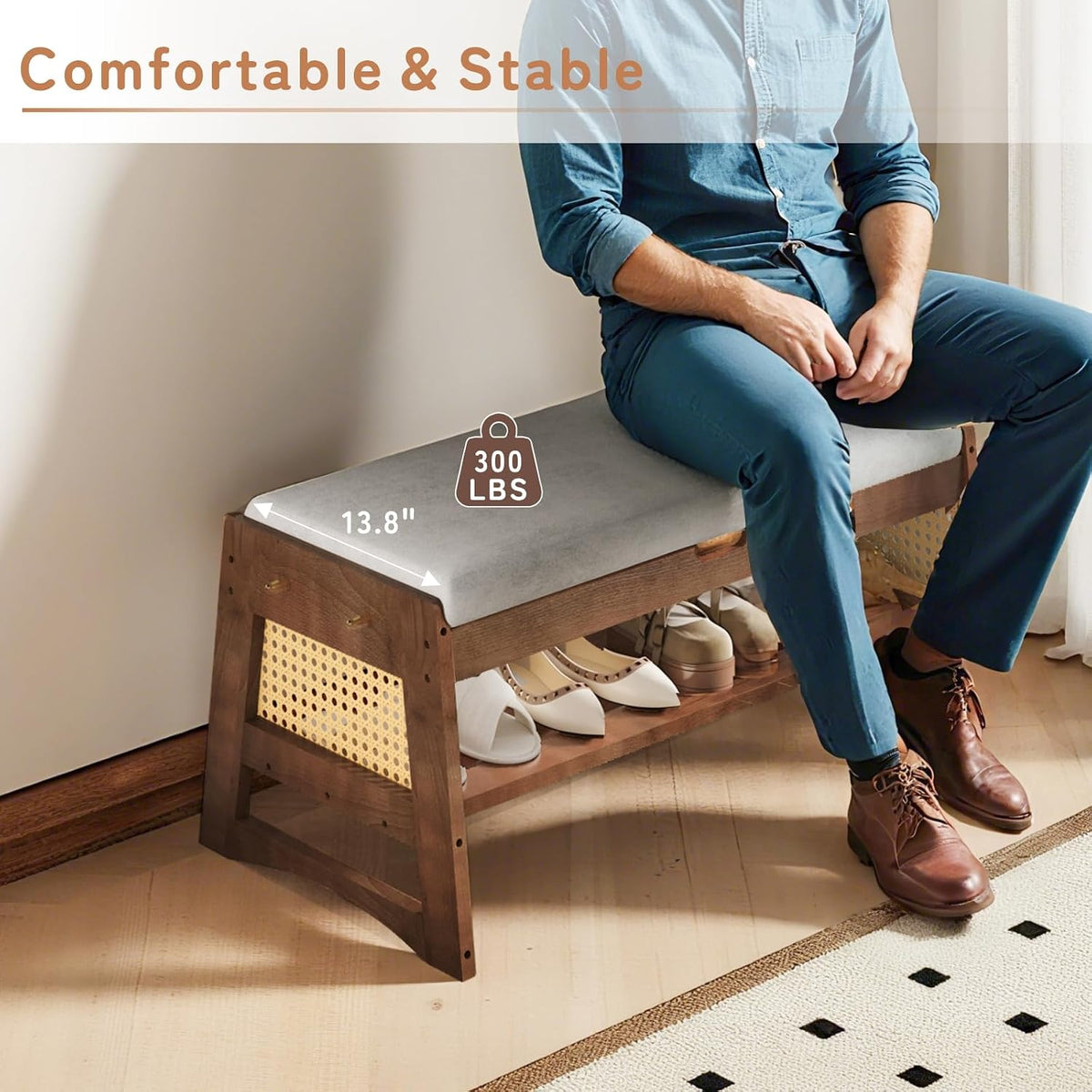 Shoe Rack Bench with Flip-Top Storage, 35.4" W x 15.7" H Solid Wood Entryway Bench Shoe Organizer with Cushion Side Hooks for Front Door Entrance Hallway Foyer Closet Living Room Bedroom