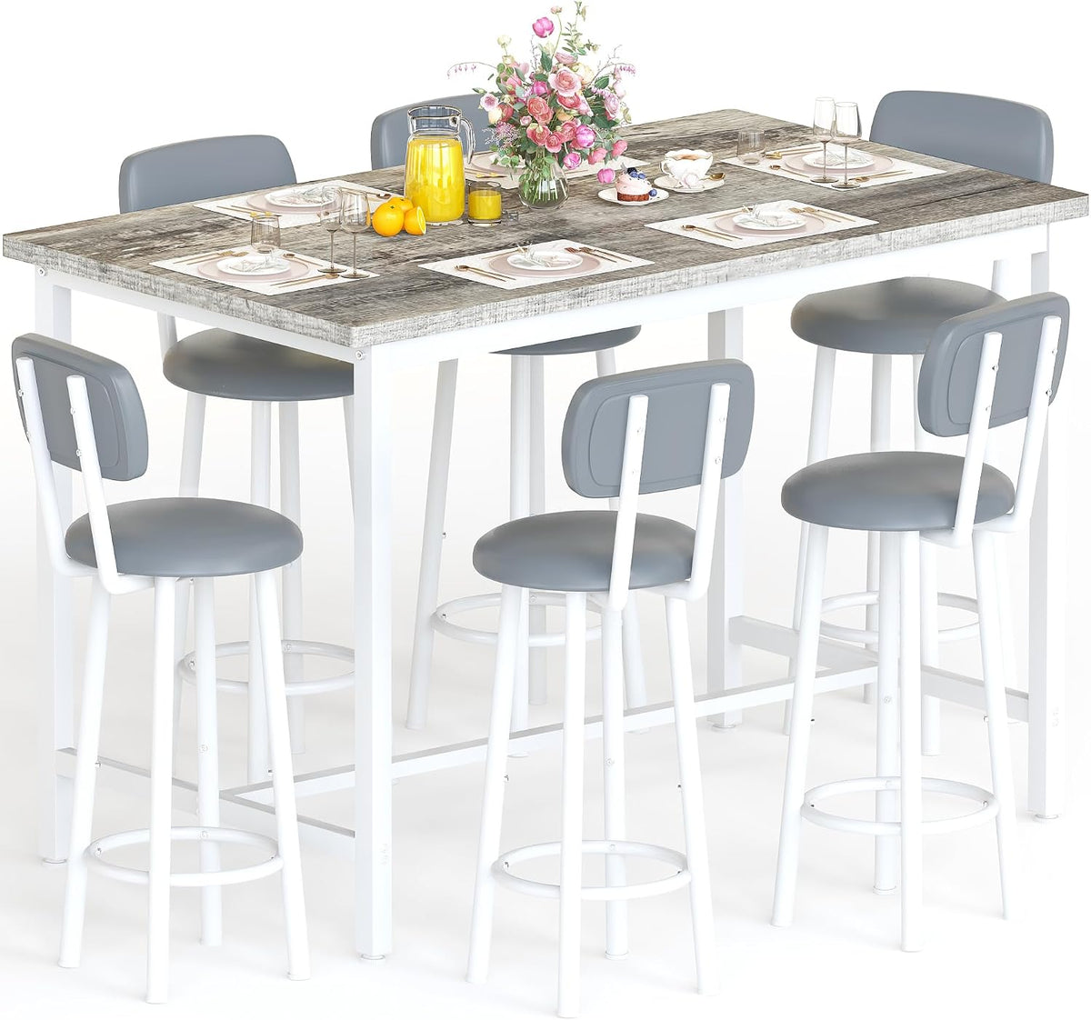 Recaceik 50" Dining Table Set for 6, 7-Piece Counter Height Bar Table Set with Upholstered Stools, Space-Saving Modern Pub Set for Kitchen, Breakfast Nook & Home Bar, Grey