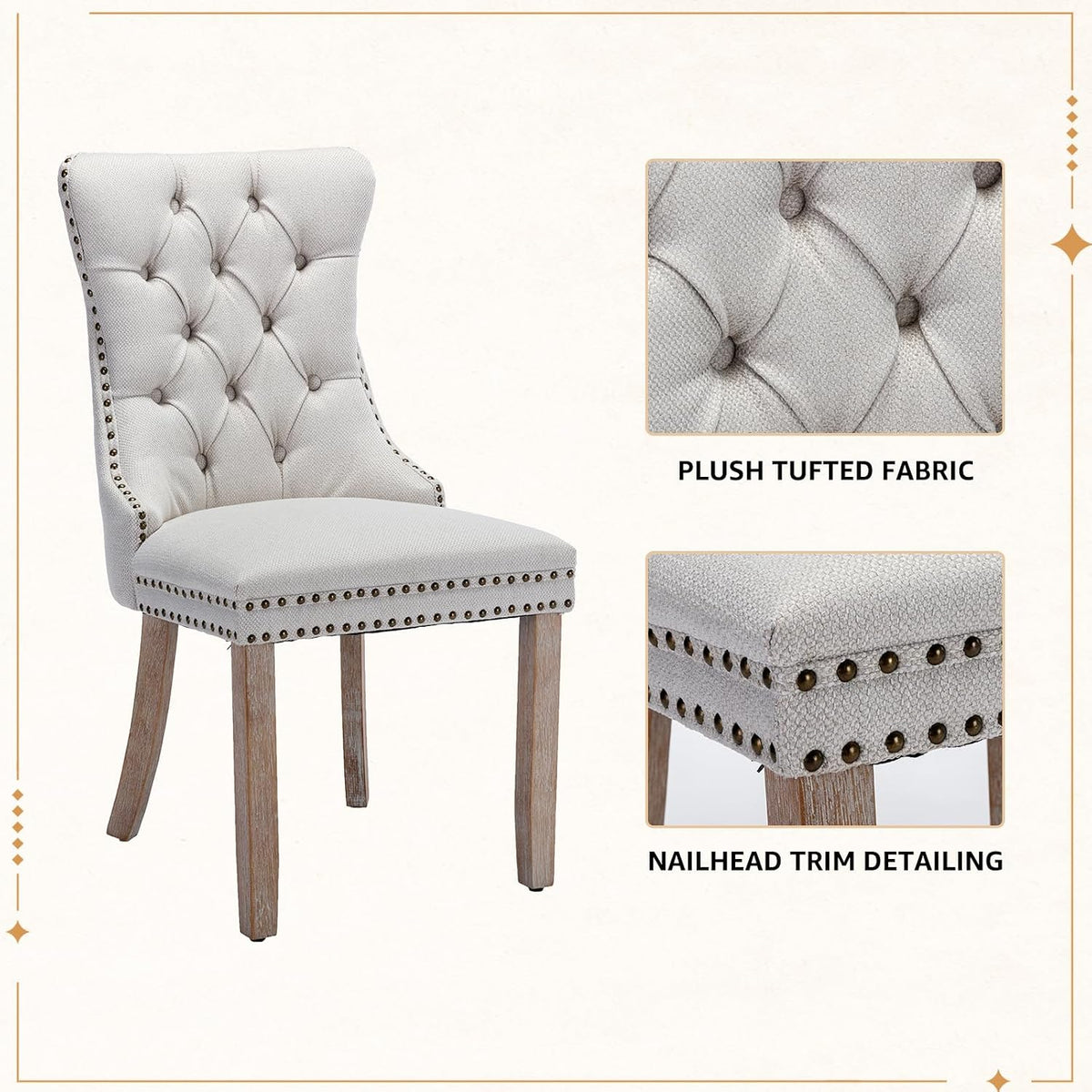 Linen Dining Chairs Set of 2, Tufted Upholstered High Wingback Chairs with Nailhead Trim & Pull Ring, Solid Wood Legs in Weathered Finish for Dining Room, Sillas de Comedor, Beige