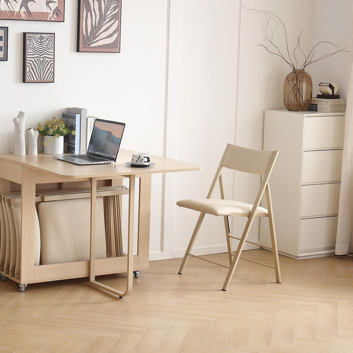 Folding Dining Chairs and Table Set, Space-Saving Dining Table and 2 Padded Steel Frame Folding Chairs(Wood), Drop Leaf Dining Table with Extra Large Storage Space and 2 Drawers