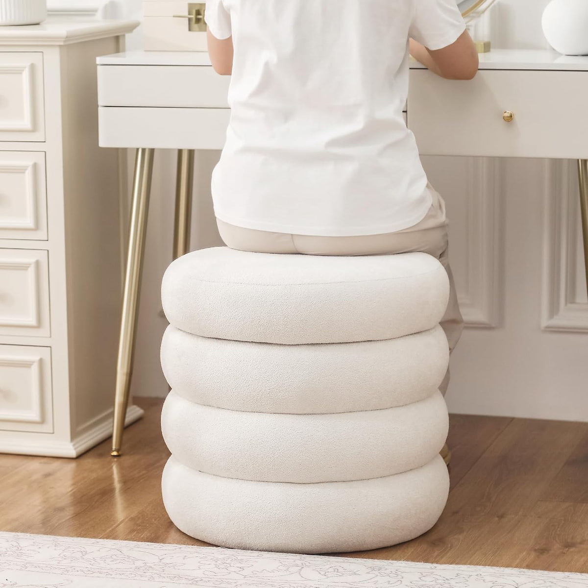 Asense Round Storage Ottoman,Footstool with Removable Lid, Vanity Stool, Modern Upholstered Footrest for Bedroom Living Room Entryway