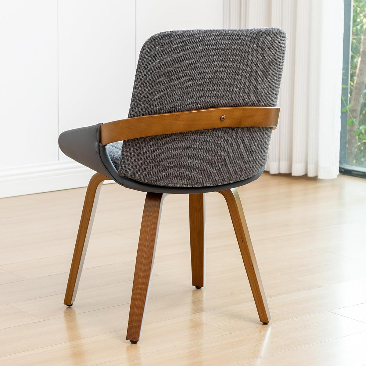 Dining Room Chairs Set of 2, Mid Century Modern Gray Fabric+Faux Leather Kitchen Chairs No Arms,Bamboo Legs Side Chairs No Wheels,Accent Chair for Dining Rooms