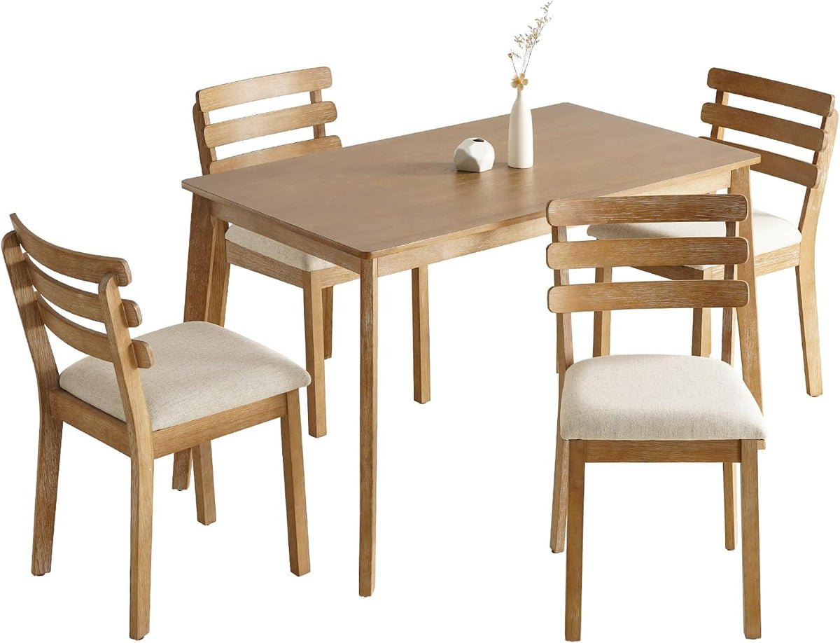 Farmhouse Dining Table Set for 4, Wooden Kitchen Table & Solid Wood Chairs | 4 Upholstered Chairs, Modern Rectangular Dining Room Table and Chairs for Kitchen, Small Spaces, Rubberwood Legs, 5-Piece