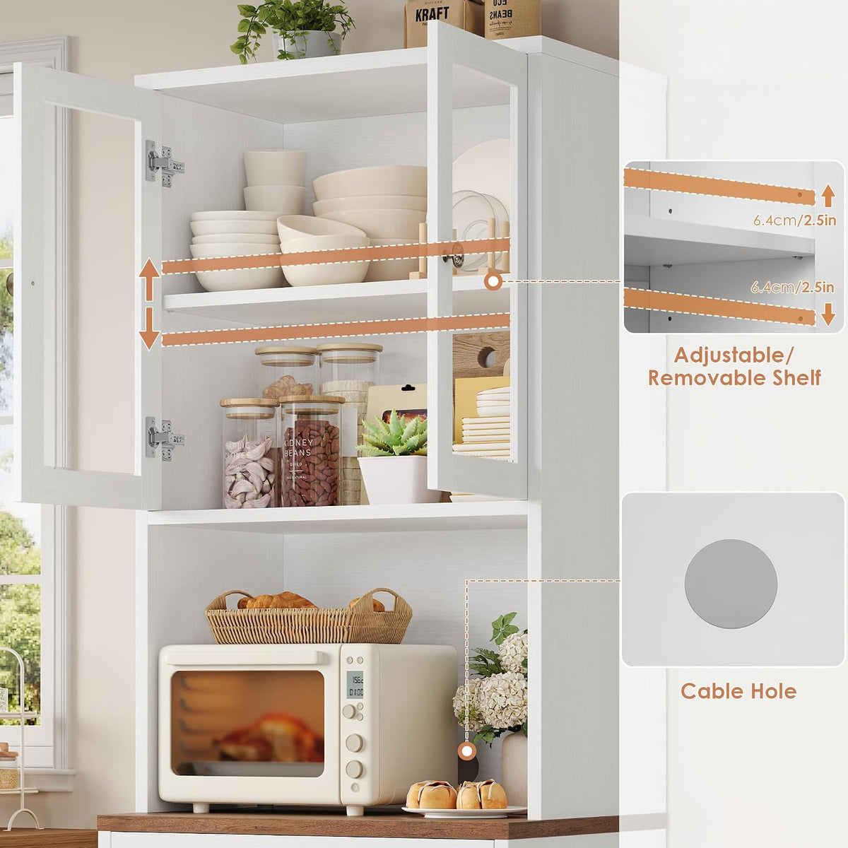 Keyluv 71“ Tall Kitchen Pantry Storage Cabinet with Microwave Stand, Buffet Kitchen Hutch with Shelves and Drawers, Wood Coffee Bar Pantry Cabinet with Glass Doors, for Dining Room/Small Space, White