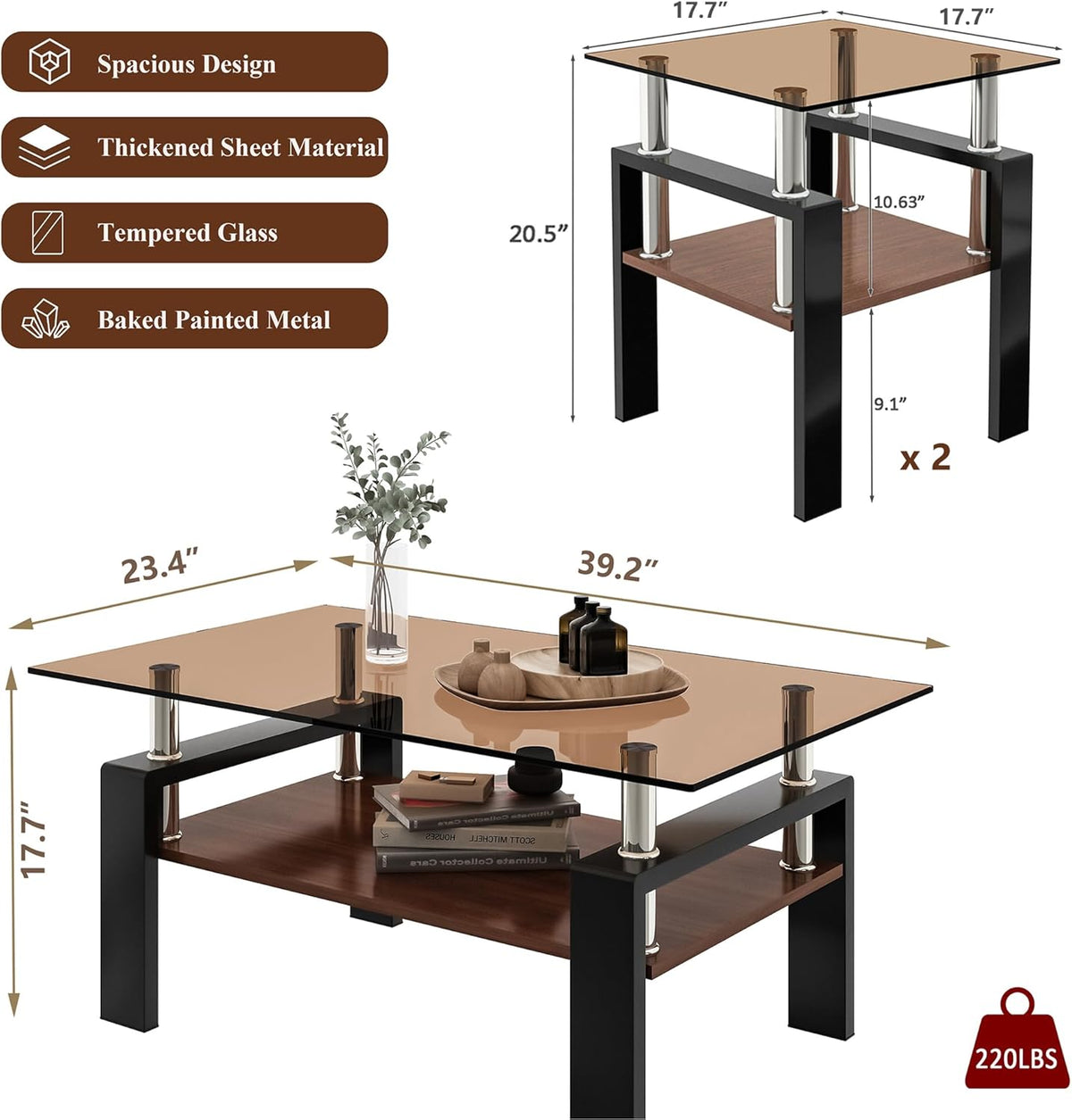 Brown Glass Coffee Table Sets of 3 for Living Room, 39" Mordern End Tables with Storage, Walnut Wooden Shelves & Black Metal Leg, Rectangle Center Table for Small Space Apartment