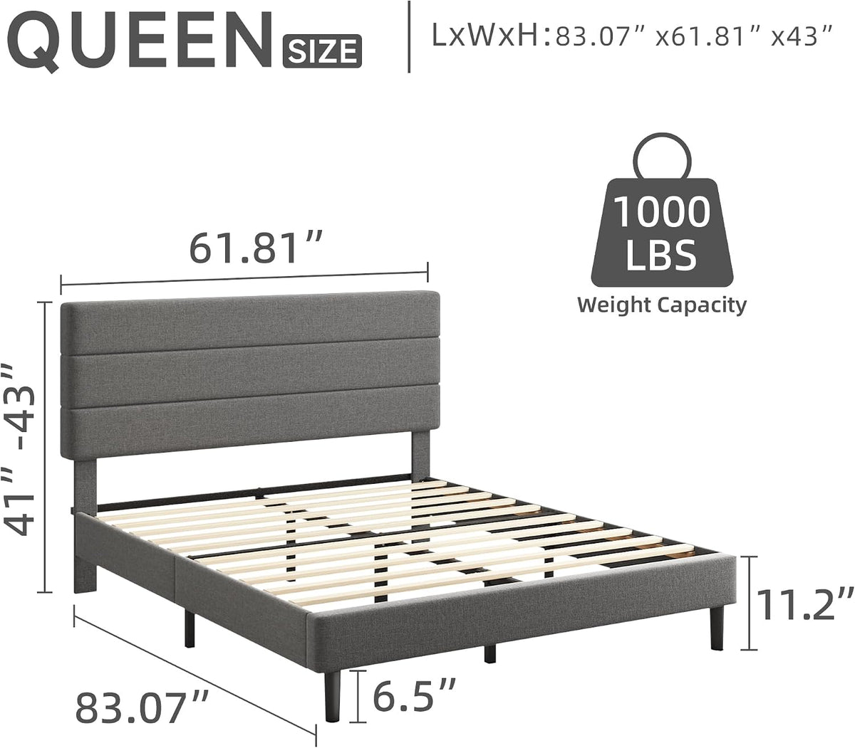 Queen Platform Bed Frame with Adjustable Linen Fabric Upholstered Headboard, Strong Slats Support, Noise-Free, No Box Spring Required, Easy Assembly for Bedroom Guest Room, Grey