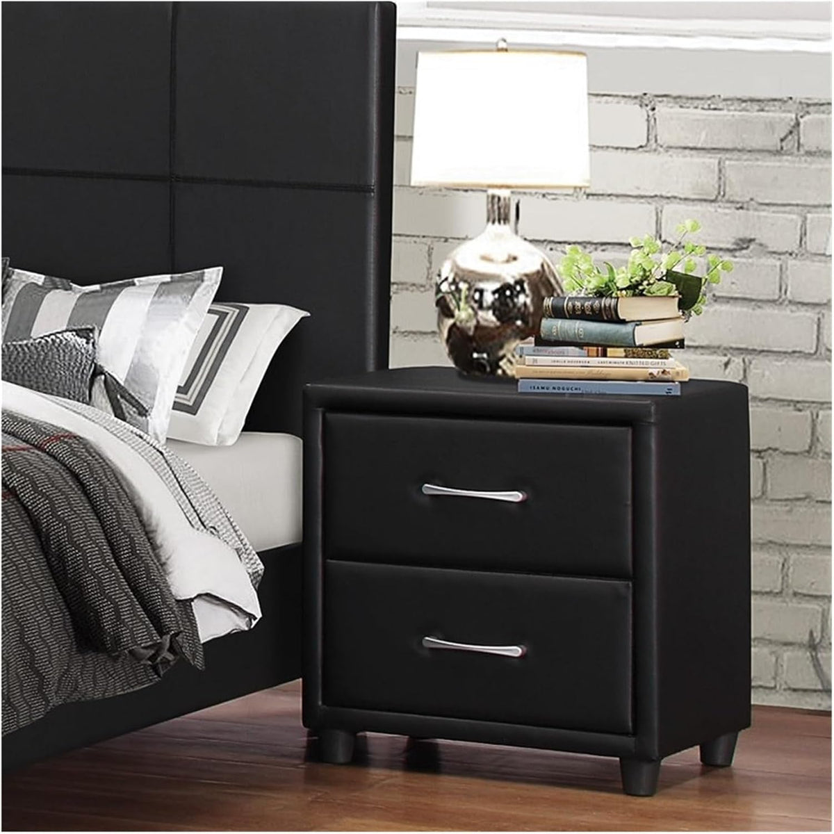 Contemporary Durable Faux Leather Covering Nightstand of Drawers Silver Tone Bar Pulls Stylish Furniture,for Small Spaces