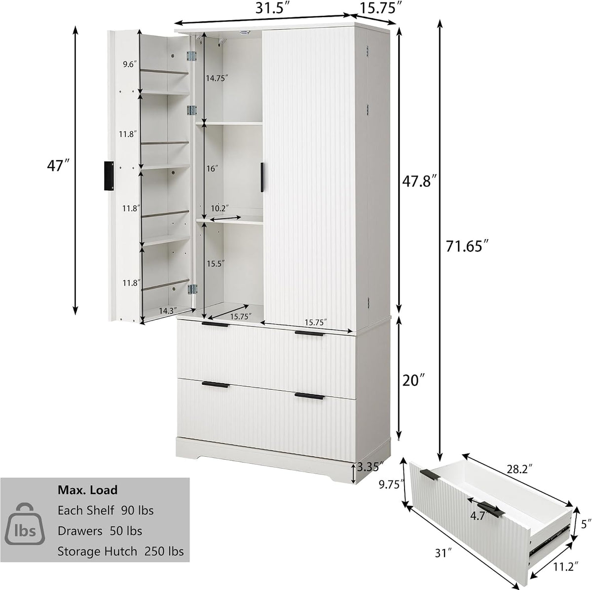 roomfitters 72" Tall Fluted Kitchen Pantry Cabinet with 2 Large Deep Drawers & 8 Door Spice Racks, White