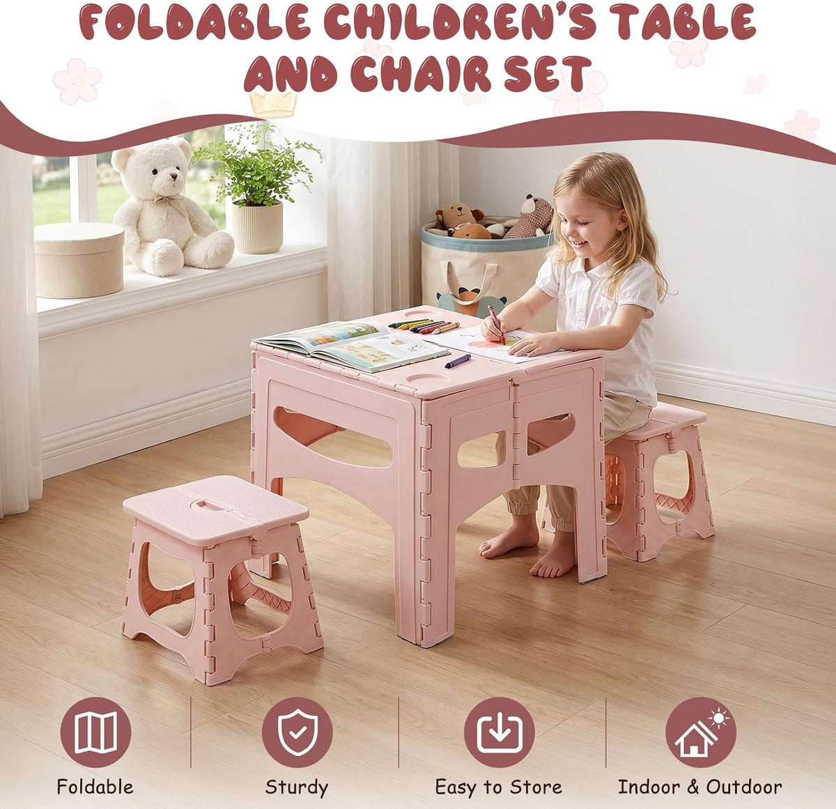 Portable Folding Kids Table & Chairs Set, Indoor/Outdoor Toddler Desk | Foldable & Portable, Indoor &Outdoor Applicable, Built to Last, Easy to Clean, Safe & Ergonomic Design