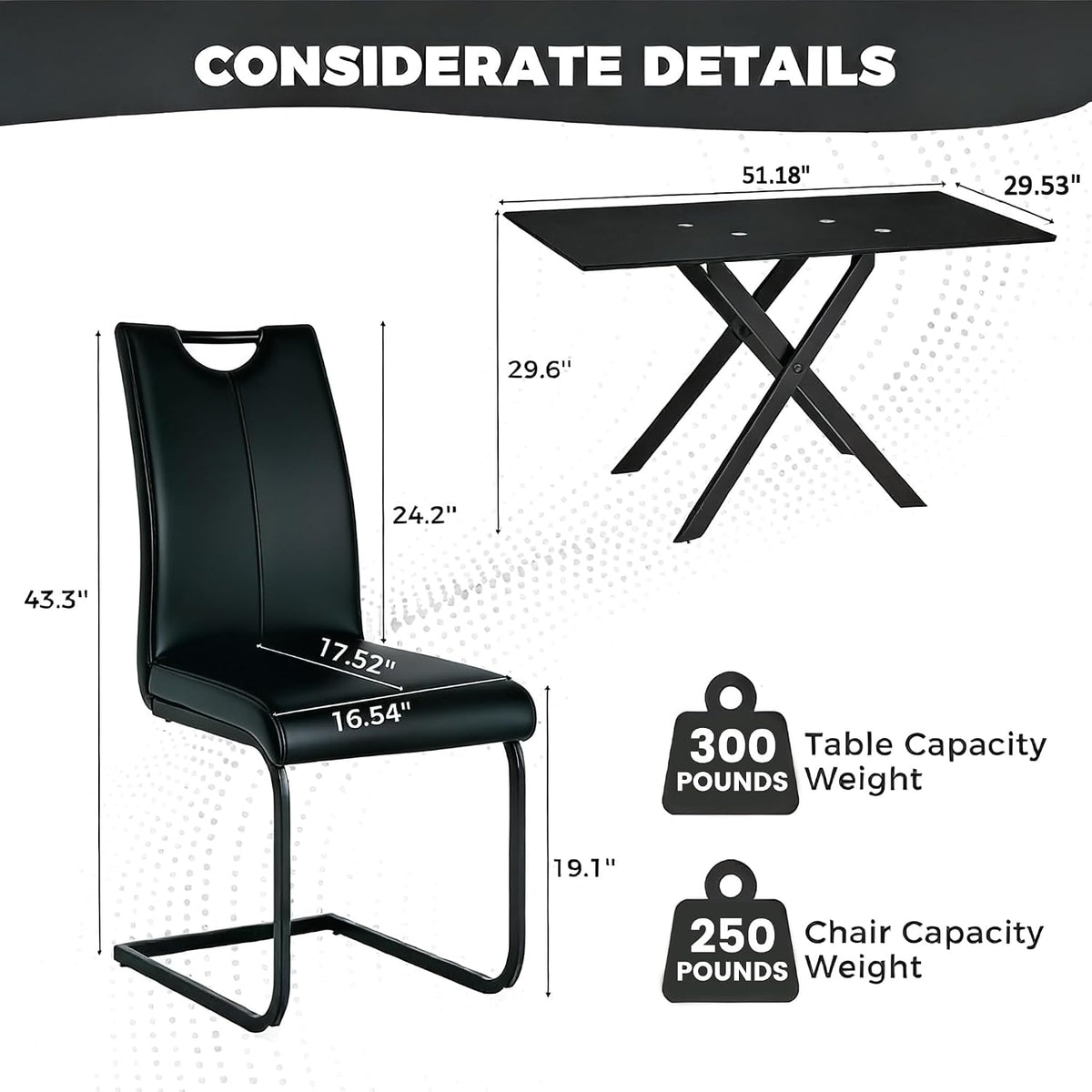 51.18" W Glass Dining Table Set for 4, Modern Rectangular Glass Kitchen Table with Black Table-top, 4 PU Leather Chairs with Black Legs, for Dining Room, Home - Dark Grey