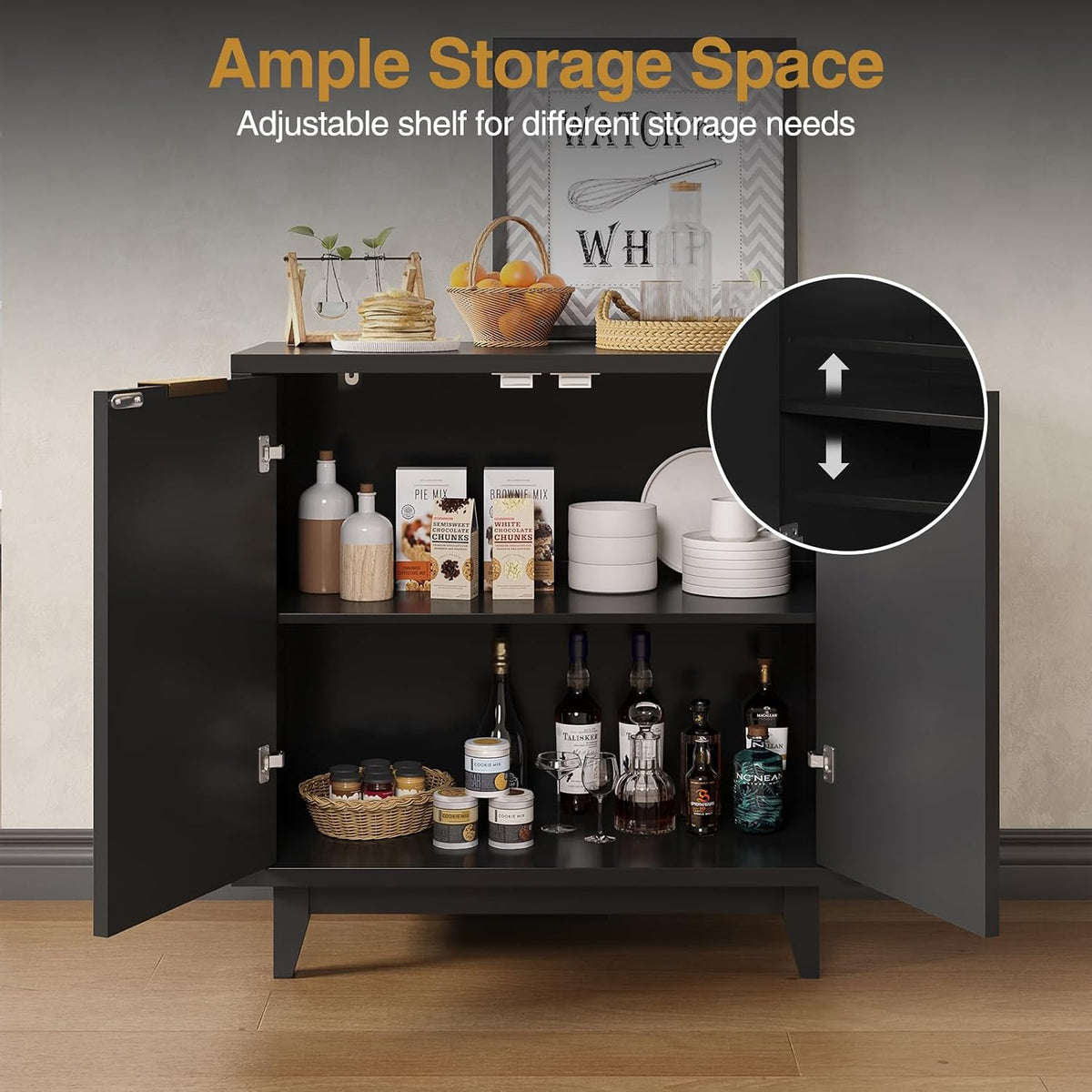 Vabches Modern Fluted Buffet Cabinet with Storage, 31.5" W Sideboard with Solid Wood Legs and Adjustable Shelf, Black Accent Cabinet for Kitchen, Living Room