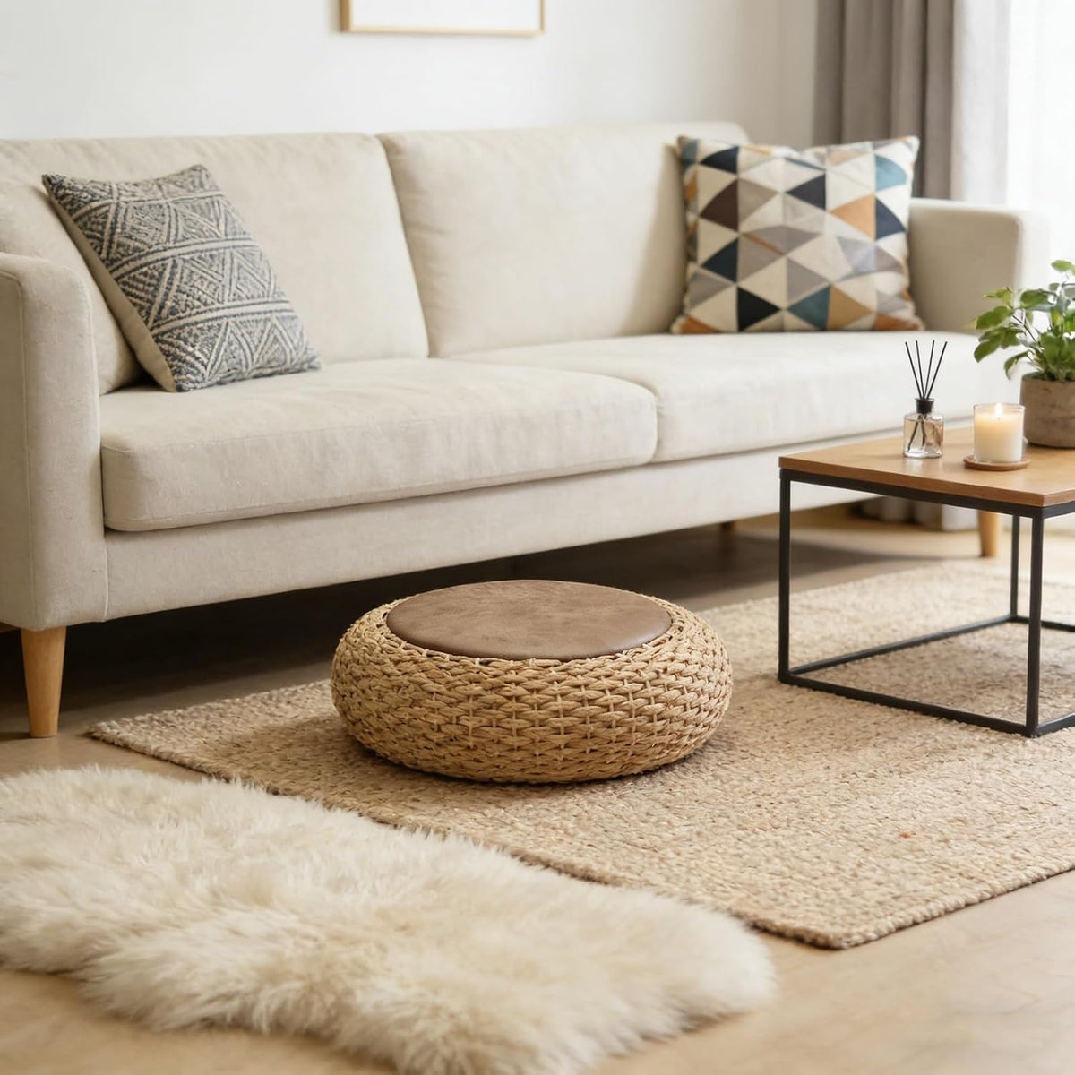 Round Straw Knitted Pouf, Foot Stool Leather Roof Steel Frame Stuffed Futon,for The Living Room Bedroom and Outdoor Seat(50cm/19.6in)