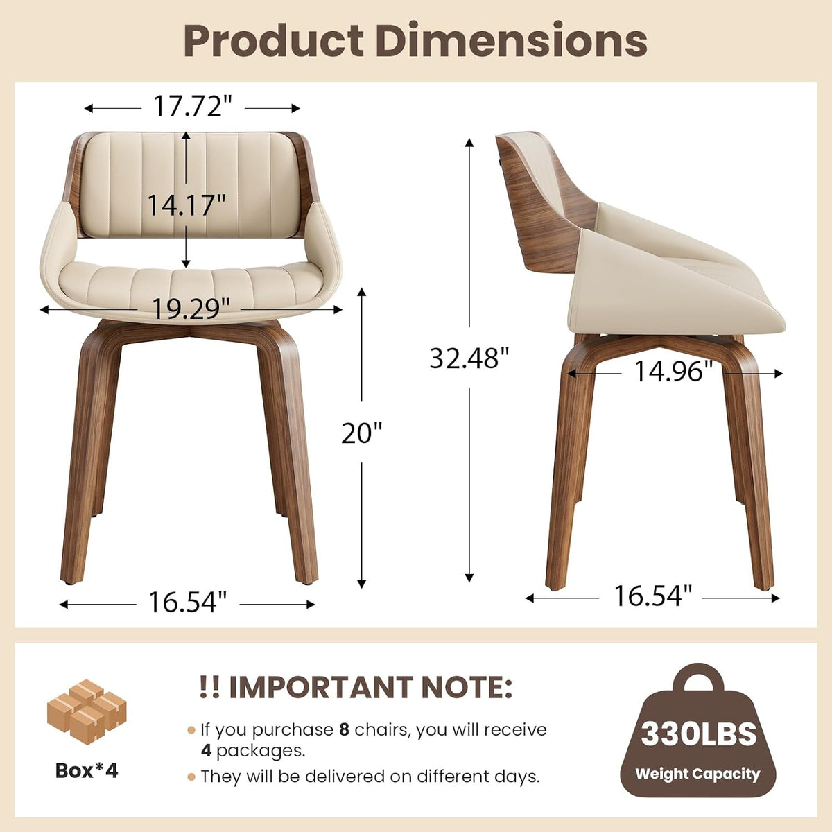 REONEY 360° Swivel Dining Chairs Set of 8, Mid Century Modern Kitchen Chair with Walnut Bentwood Back and Legs, Upholstered PU Leather for Dining Room, Kitchen, Restaurant, Cafe, Beige