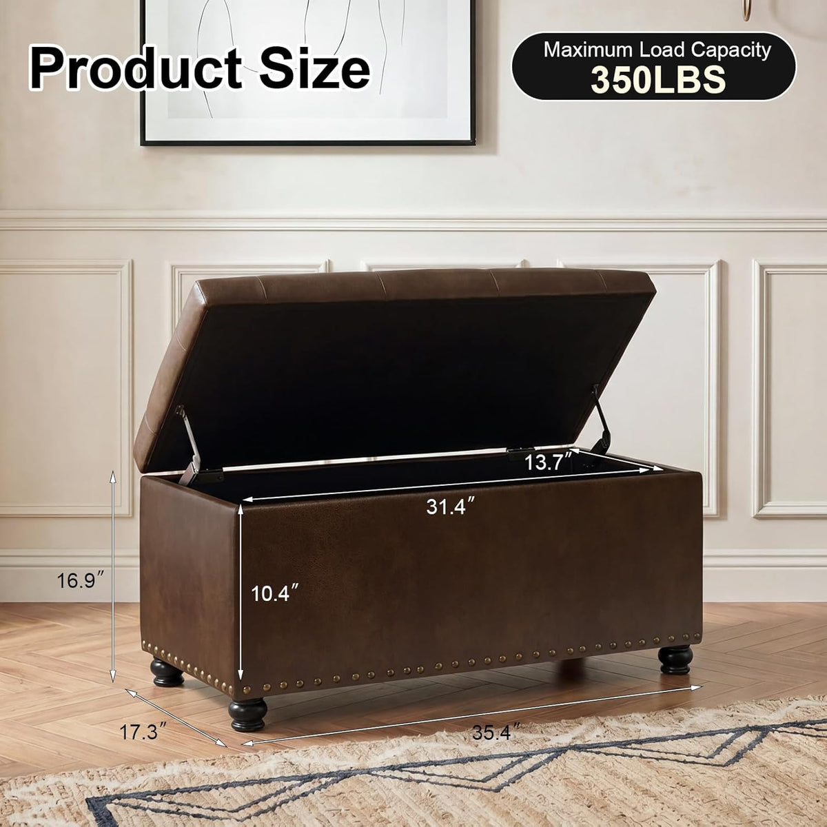 Asense Storage Ottoman Bench, Faux Leather Ottoman with Storage for Living Room Bedroom, Multi-Functional Storage Chest Foot Rest, Upholstered Bench for End of Bed, Entryway, 35.4" W