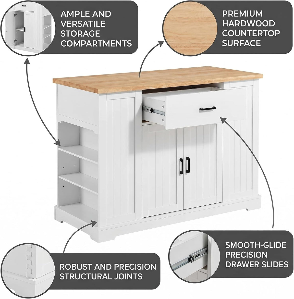 46 Inch Kitchen Island Cart with Storage Cabinet, Wood Top Breakfast Bar with Drawer, Multifunctional Kitchen Table with