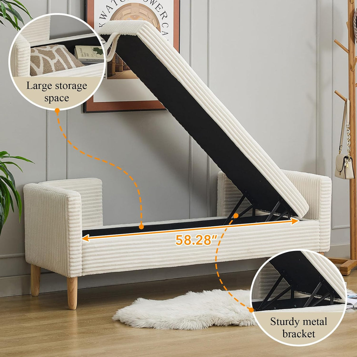 65.35" Storage Bench, Corduroy Upholstered End of Bed Bench with Bolster Pillows, Modern Storage Bench with Natural-Patterned Wooden Legs, Comfy Entryway Bench for Entryway (Beige)
