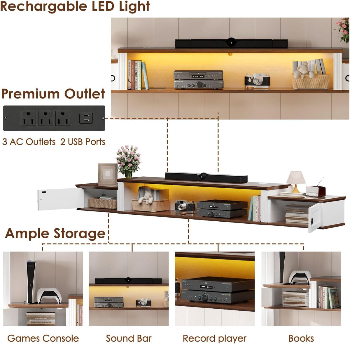 Farmhouse Floating TV Stand for 80" TVs, with LED Light & Outlet | 70" Modern Wood Floating TV Shelf, Minimalist TV Stand Wall Mounted for Living Room, Walnut + Antique White