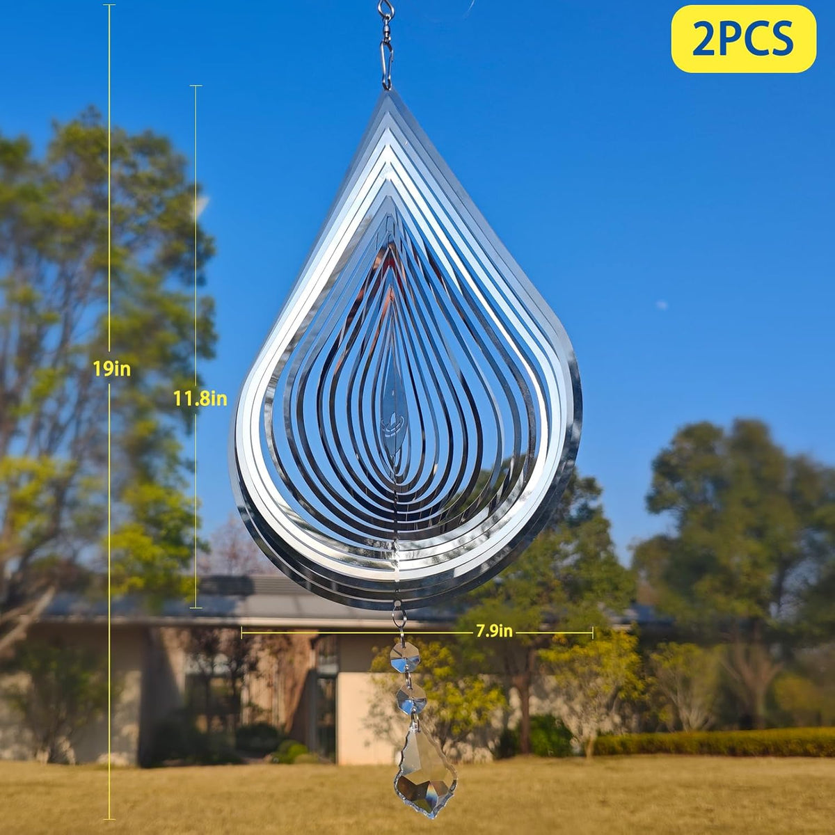 2PCS Wind Spinner 3D Stainless Steel Metal Sculptures Decorations, Water Droplets Wind Sculptures & Spinners, Outdoor Hanging Garden Decoration, Bird Devices Deterrent for Outside to Scare Birds Away