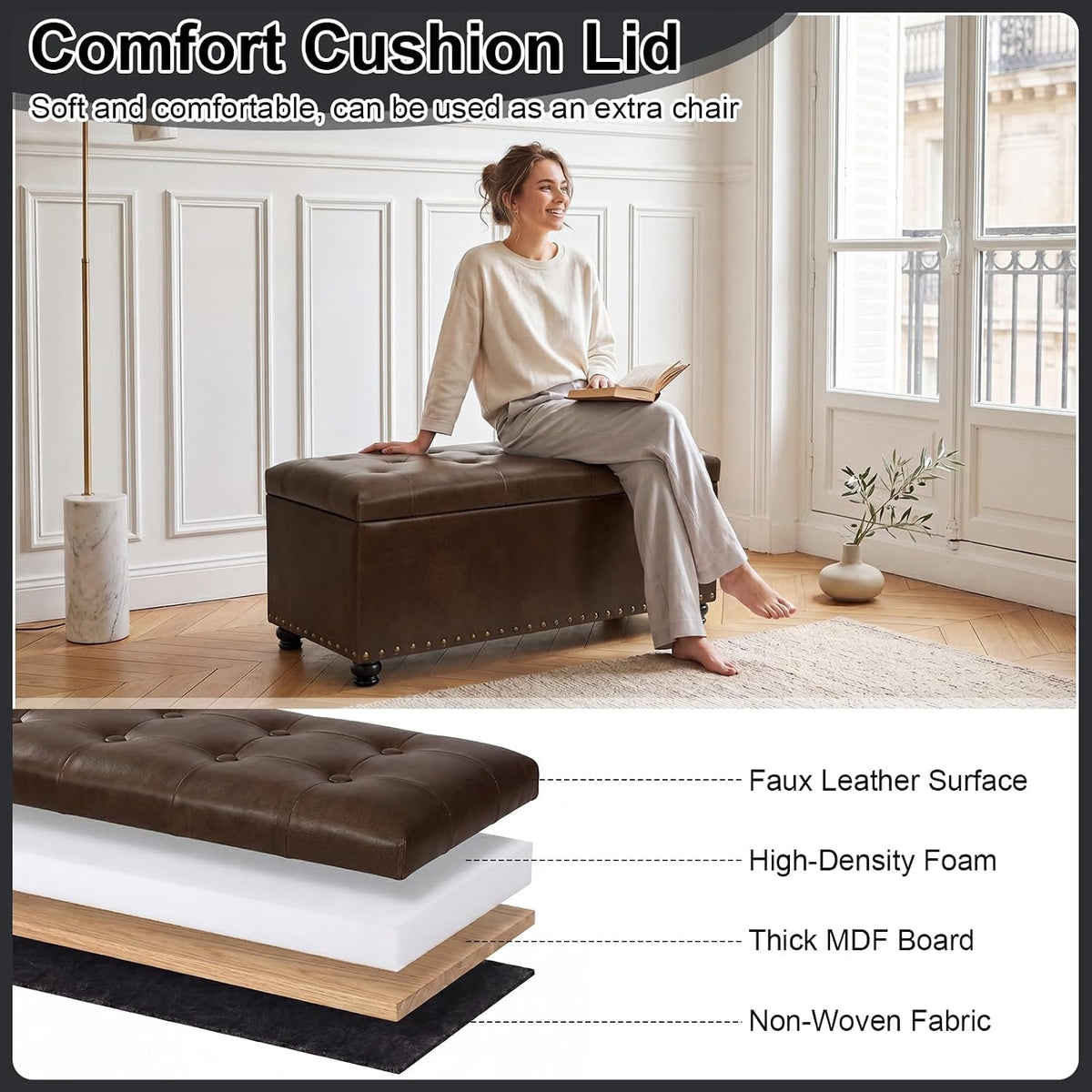 Asense Storage Ottoman Bench, Faux Leather Ottoman with Storage for Living Room Bedroom, Multi-Functional Storage Chest Foot Rest, Upholstered Bench for End of Bed, Entryway, 35.4" W