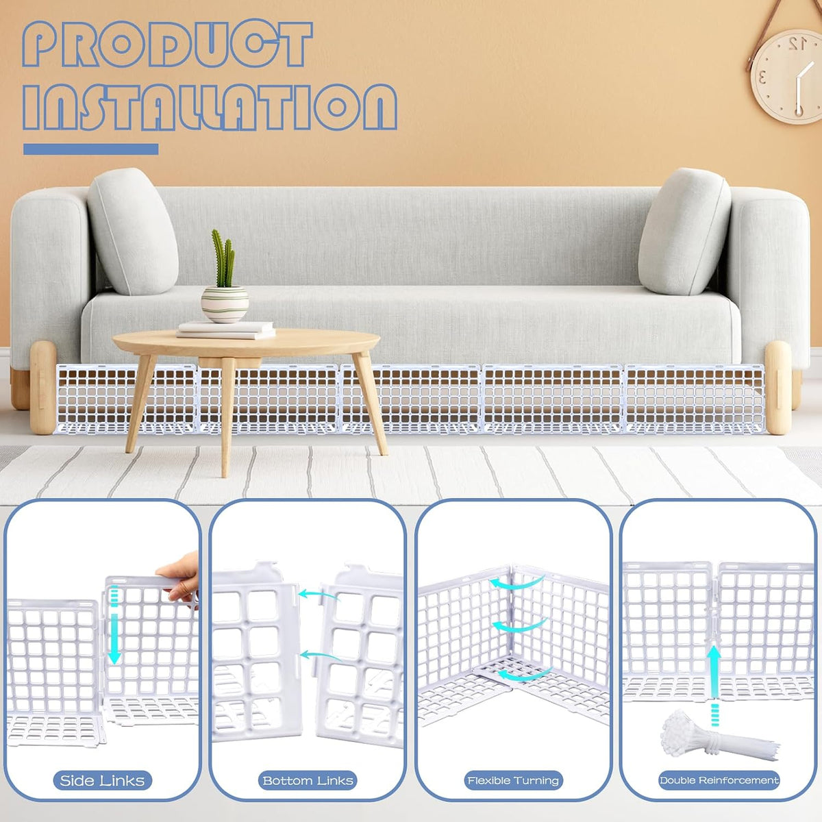 12 Pcs Under Couch Blocker for Bed Adjustable Furniture Plastic | Under Bed Blocker with 30 Ties White Couch Barriers for Dogs Pets Cats (Style3)