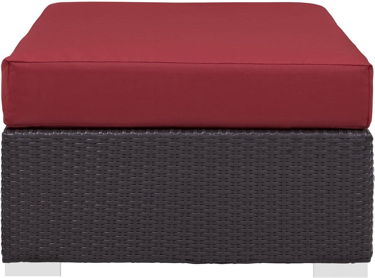 BOWERY HILL Rectangle Fabric Rattan Patio Ottoman, Espresso Finish with Red Cushions, Water and UV Resistant, Adjustable Height, Outdoor Patio Furniture for Backyard or Poolside Use