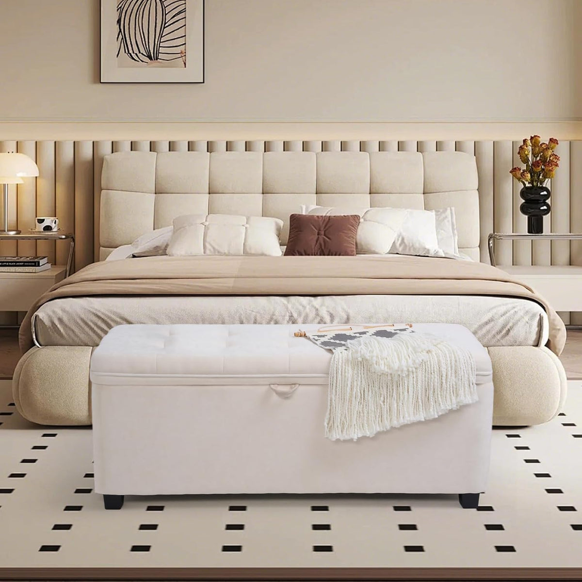45" Storage Ottoman Bench, Tufted Ottoman with Storage for Living Room, Large End of Bed Ottomans, Modern Entryway Benchs, Window & Bedroom Benches for Foot of Bed (Ivory)