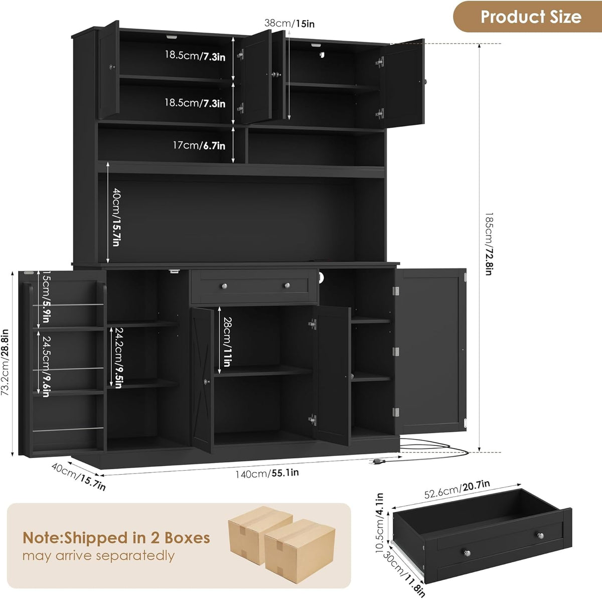 HIFIT 72.8” LED Kitchen Pantry Cabinet with Charging Station, 55” Wide Farmhouse Pantry Cabinet with Microwave Stand&Shelves&Swing-Out Door, Kitchen Hutch Coffee Bar for Living Room, Black