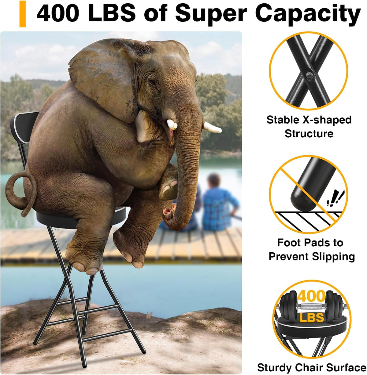 Folding Stool with Back Support, 24 Inch Portable Collapsible Bar Stool | with Padded Seat, Cushioned Foldable Chair for Kitchen, Camping, Adults & Indoor Outdoor Use
