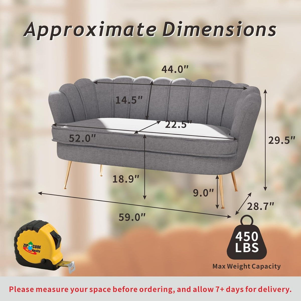 59'' Loveseat Sofa, Modern Chenille 2-Seater Sofa with Golden Legs, Comfy Upholstered Shell Accent Couch for Studio, Living Room, Store, Office (Light Grey).