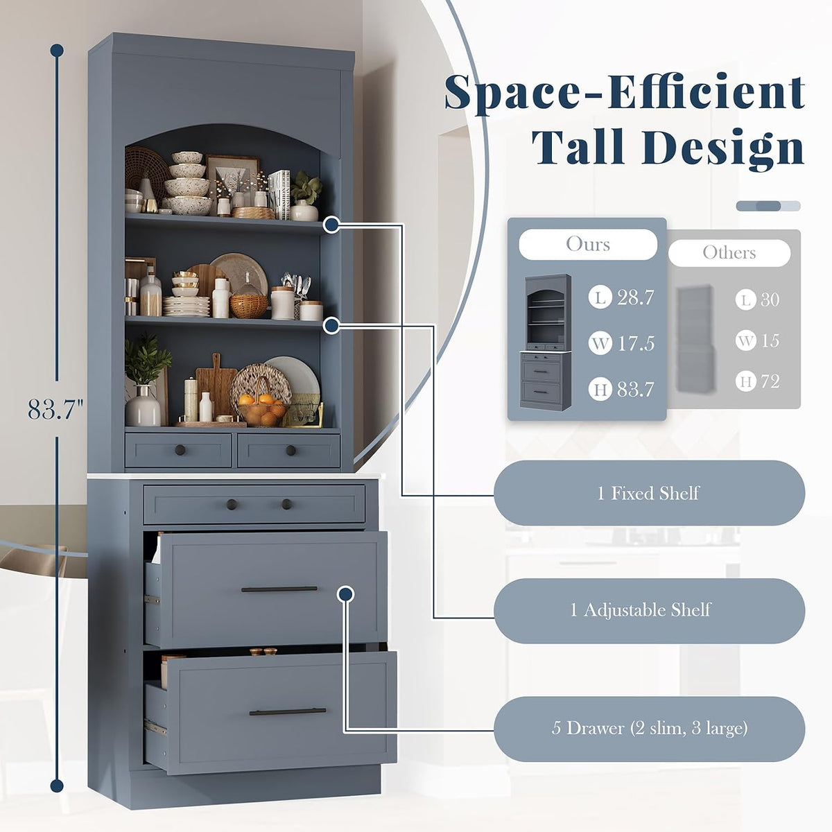 Kitchen Pantry Cabinet, 83.7" Freestanding Storage Cabinet with Hutch, Faux Marble Countertop, 5 Storage Drawers and Adjustable Shelves, Coffee Bar Cabinet for Dining Room, Grey Set of 2